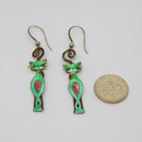 Pair of Sterling Silver Green Cloisonne Enamel Cat Drop Earrings Vintage c1970