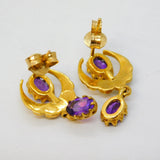 9ct Yellow Gold, Amethyst & Seed Pearl Crescent Drop Stud Earrings Vintage