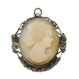 Sterling Silver Filigree Form Shell Cameo Drop Pendant Antique c1940 Deco