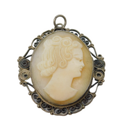 Sterling Silver Filigree Form Shell Cameo Drop Pendant Antique c1940 Deco