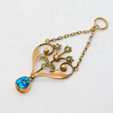 Edwardian 9ct Rose Gold, Seed Pearl & Turquoise Lavalier Pendant Antique c1910