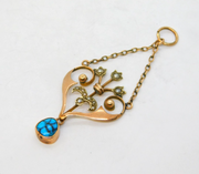 Edwardian 9ct Rose Gold, Seed Pearl & Turquoise Lavalier Pendant Antique c1910