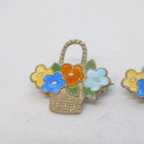 Pair of Sterling Silver & Enamel Flower Basket Brooches Antique c1930 Deco
