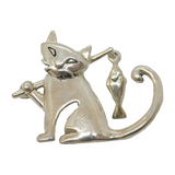 Sterling Silver Cat with Fish on Rod Brooch Pin Vintage c1990