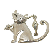 Sterling Silver Cat with Fish on Rod Brooch Pin Vintage c1990