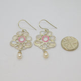 Pair of Sterling Silver Moonstone, Ruby & Pearl Hook Drop Earrings Modern c1990