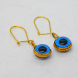 14ct Yellow Gold & Glass Blue Eye Drop Hook Earrings Vintage c1970