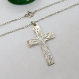 Sterling Silver Floral Pattern Cross Pendant Necklace Vintage c1970