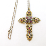 Austro-Hungarian Sterling Silver Garnet, Pearl & Enamel Cross Necklace Antique