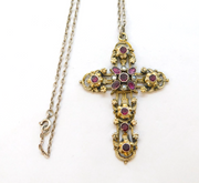 Austro-Hungarian Sterling Silver Garnet, Pearl & Enamel Cross Necklace Antique