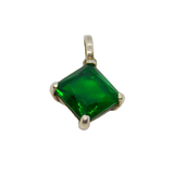Sterling Silver Green Crystal Offset Square Drop Charm Pendant Modern c1990s