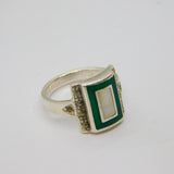 Sterling Silver Green Enamel & Mother Of Pearl Dress Ring Vintage c1970 Size O