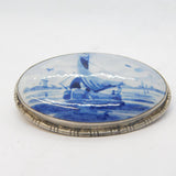 Sterling Silver Mounted Dutch Delft Brooch Pin Antique c1920s Art Deco