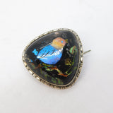 Sterling Silver Mounted Morpho Butterfly Wing Perched Bird Brooch Antique c1920