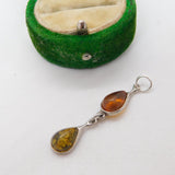 Sterling Silver Cabochon Amber Drop Charm Pendant Vintage c1970
