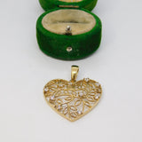 Sterling Silver Gilt Leaf Cutwork Heart Crystal Set Charm Pendant Vintage c1970