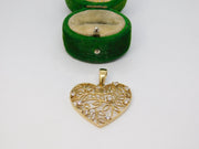 Sterling Silver Gilt Leaf Cutwork Heart Crystal Set Charm Pendant Vintage c1970