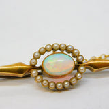 Edwardian 15ct Yellow Gold, Cabochon White Opal & Pearl Brooch Antique c1910