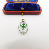 Sterling Silver Painted Glass Scottish Thistle Charm Pendant Vintage c1970