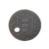 18th Century Copper Hull Halfpenny Coin Token Antique 1791 Drilled