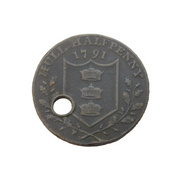 18th Century Copper Hull Halfpenny Coin Token Antique 1791 Drilled
