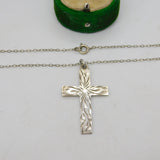 Sterling Silver Floral Pattern Cross Pendant Necklace Vintage c1970