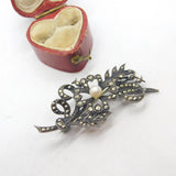 Sterling Silver, Marcasite & Single Pearl Set Floral Brooch Antique c1920 Deco