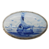 Sterling Silver Mounted Dutch Delft Brooch Pin Antique c1920s Art Deco