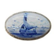 Sterling Silver Mounted Dutch Delft Brooch Pin Antique c1920s Art Deco