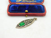 White Metal and Emerald Paste Celtic Knot Pendant Vintage c1970