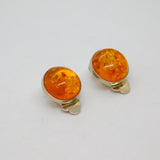 Pair of Sterling Silver Round Baltic Amber Clip-On Earrings Vintage c1970