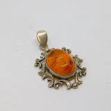 Sterling Silver Baltic Amber Oval Set Patterned Drop Charm Pendant Vintage c1970
