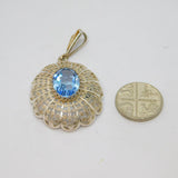 .935 Silver Blue Faceted Glass Patterned Oval Drop Pendant Vintage c1970