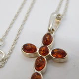 Sterling Silver Baltic Amber Set Cross Pendant Necklace Vintage c1980s