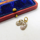 9ct Yellow Gold 'Iced' Diamond Paste Set Pair of Shoes Charm Vintage c2000