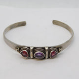 Sterling Silver, Garnet & Amethyst Set Studio Style Bangle Bracelet Vintage