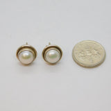 Pair of Sterling Silver Round Set Pearl Stud Earrings Contemporary c1990