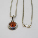 Sterling Silver & Baltic Amber Drop Pendant Necklace Vintage c1980s