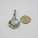 Sterling Silver Cushion Cut Blue Topaz & Diamond Cutwork Pendant Modern c1990s