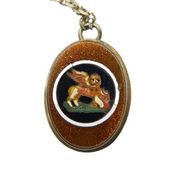 Boxed 19th Century Silver Mounted Micro Mosaic Lion Pendant Necklace Antique