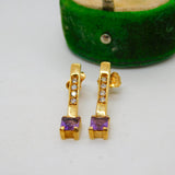 9ct yellow Gold, Amethyst & Spinel Set Drop Stud Earrings Vintage c1980