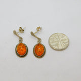 Pair of Sterling Silver Baltic Amber Deco Style Stud Drop Earrings Vintage c1970