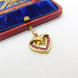 Gold on Sterling Silver Natural Ruby Set Heart Drop Pendant Vintage c1970
