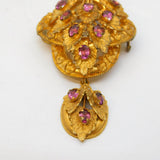 Victorian Pinchbeck & Almandine Garnet Floral Chased Drop Pendant Antique