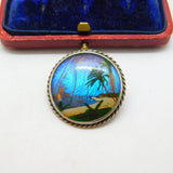 Sterling Silver & Morpho Butterfly Wing Island Scene Brooch Antique c1930 Deco