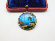 Sterling Silver & Morpho Butterfly Wing Island Scene Brooch Antique c1930 Deco