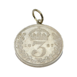 Sterling Silver Victorian Threepence Coin Charm Pendant Antique 1887