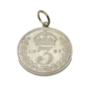 Sterling Silver Victorian Threepence Coin Charm Pendant Antique 1887