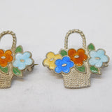 Pair of Sterling Silver & Enamel Flower Basket Brooches Antique c1930 Deco
