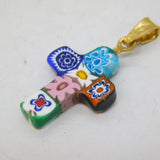 Italian Sterling Silver Gilt Millefiori Glass Cross Pendant Vintage